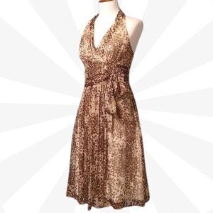 BCBGMAXAZRIA Beige A Line Silk Empire Waist Cocktail Midi Halter Dress Size XS